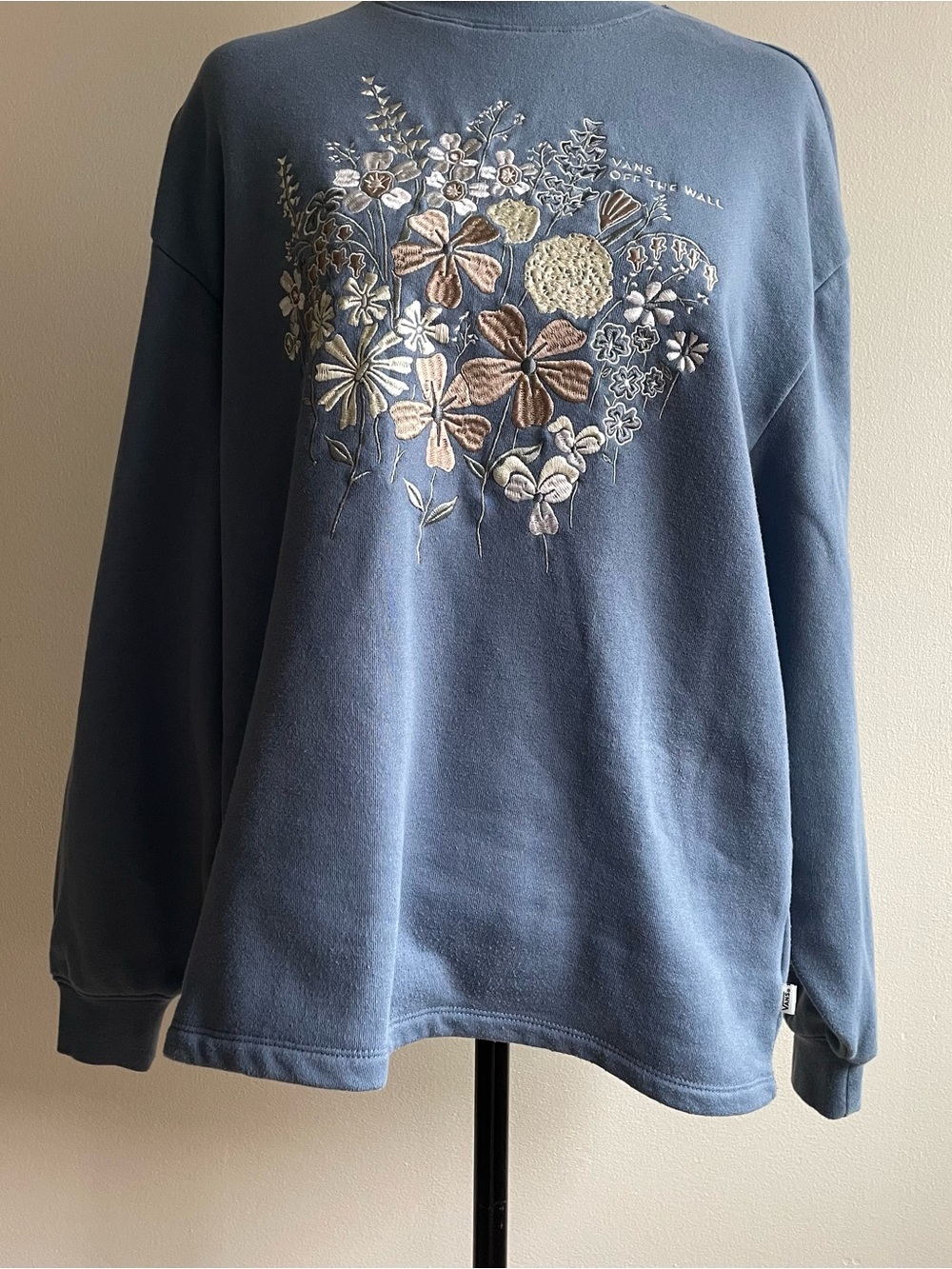 Vans Blue Floral Embroidered Fleece Crewneck Sweatshirt Size S